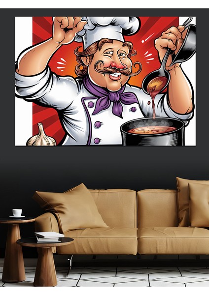 Şef ve Yemek Çizimi Dekoratif Kanvas - Mdf Ahşap Tablo