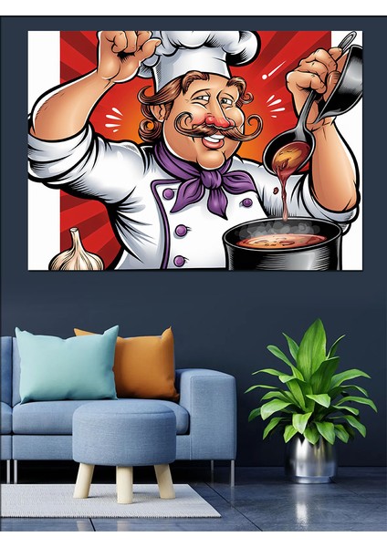 Şef ve Yemek Çizimi Dekoratif Kanvas - Mdf Ahşap Tablo fiyatları
