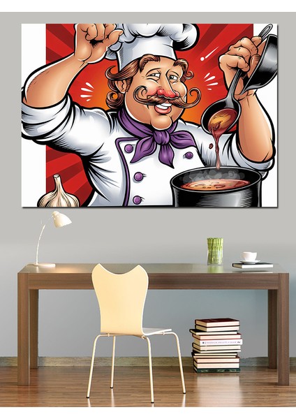 Şef ve Yemek Çizimi Dekoratif Kanvas - Mdf Ahşap Tablo fırsatları