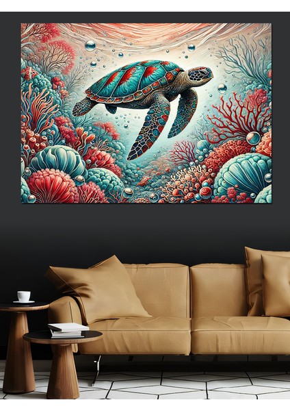 Deniz Kaplumbağası Dünyası Dekoratif Kanvas - Mdf Ahşap Tablo