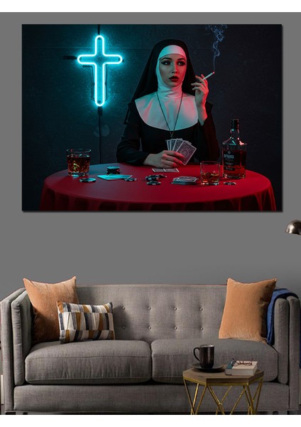 Neon Haç ve Kadın Dekoratif Kanvas - Mdf Ahşap Tablo modelleri