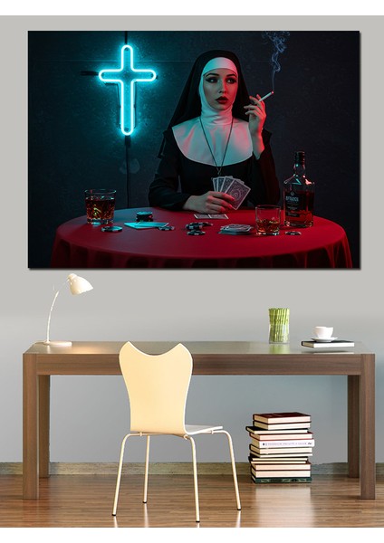 Neon Haç ve Kadın Dekoratif Kanvas - Mdf Ahşap Tablo fırsatları