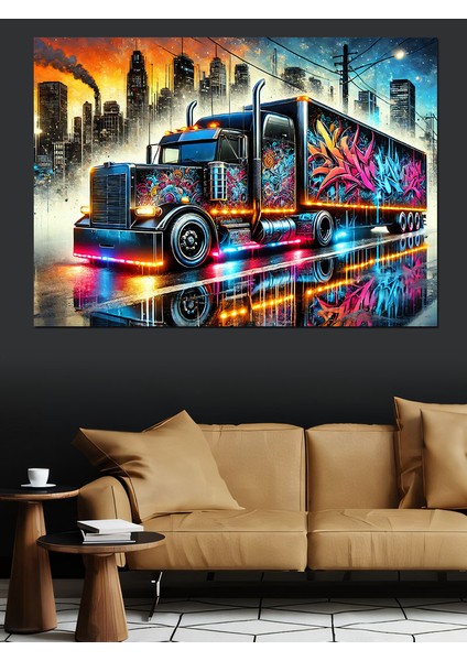 Renkli Tır Çizimi Dekoratif Kanvas - Mdf Ahşap Tablo