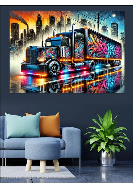 Renkli Tır Çizimi Dekoratif Kanvas - Mdf Ahşap Tablo fiyatları