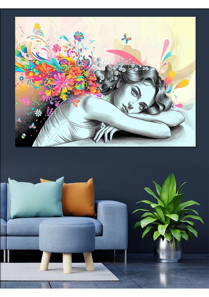 Renkli Kadın Portresi Dekoratif Kanvas - Mdf Ahşap Tablo