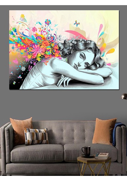 Renkli Kadın Portresi Dekoratif Kanvas - Mdf Ahşap Tablo fiyatları