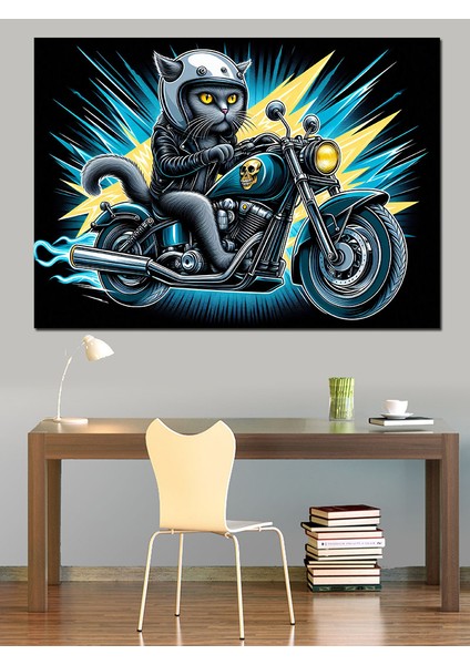 Sert Kedi Biker Dekoratif Kanvas - Mdf Ahşap Tablo