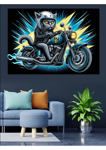 Sert Kedi Biker Dekoratif Kanvas - Mdf Ahşap Tablo fırsatları