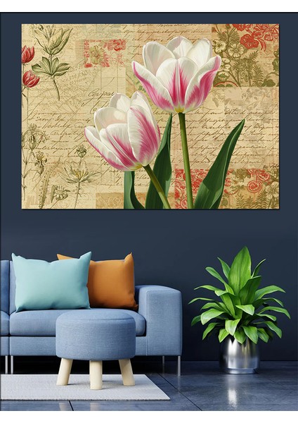 Pembe Laleler Çizimi Dekoratif Kanvas - Mdf Ahşap Tablo