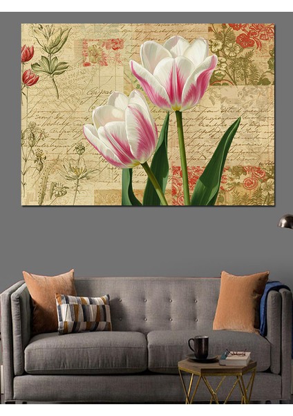 Pembe Laleler Çizimi Dekoratif Kanvas - Mdf Ahşap Tablo fiyatları