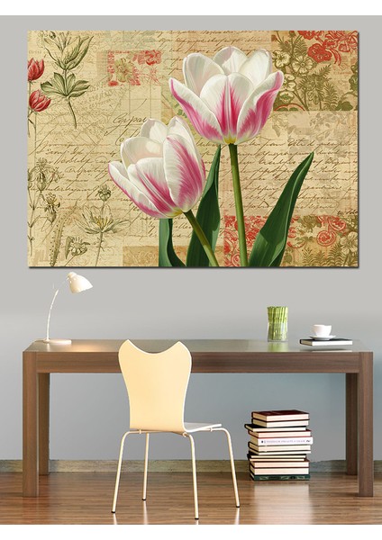 Pembe Laleler Çizimi Dekoratif Kanvas - Mdf Ahşap Tablo modelleri