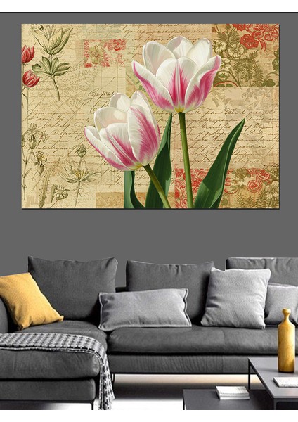 Pembe Laleler Çizimi Dekoratif Kanvas - Mdf Ahşap Tablo fırsatları