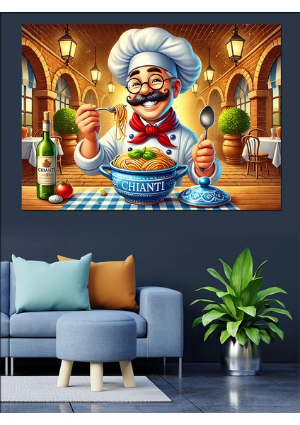 Makarna Şefi Çizimi Dekoratif Kanvas - Mdf Ahşap Tablo