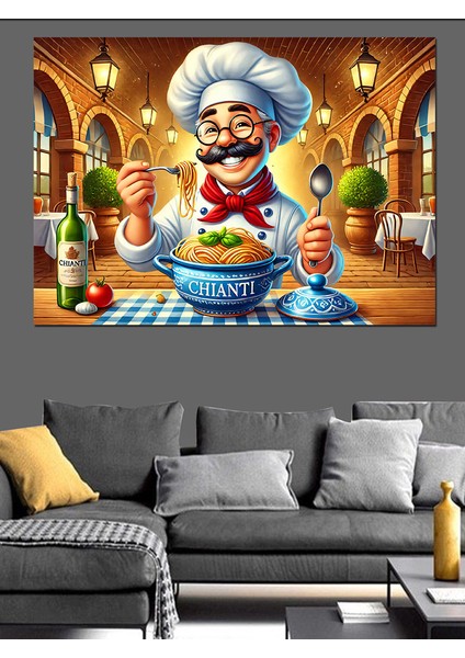 Makarna Şefi Çizimi Dekoratif Kanvas - Mdf Ahşap Tablo fırsatları