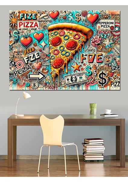 Soyut Pizza Deseni Dekoratif Kanvas - Mdf Ahşap Tablo