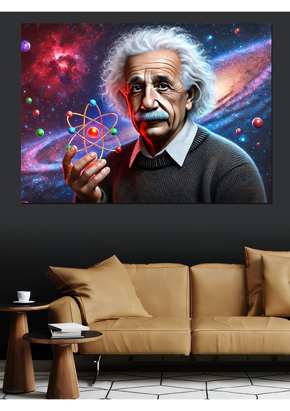 Einstein ve Atom Çizimi Dekoratif Kanvas - Mdf Ahşap Tablo
