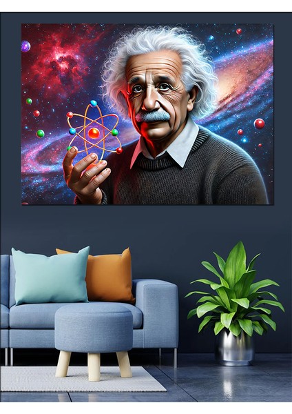 Einstein ve Atom Çizimi Dekoratif Kanvas - Mdf Ahşap Tablo fiyatları