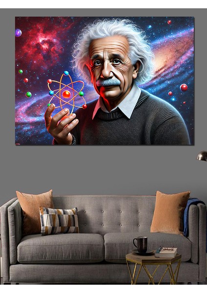 Einstein ve Atom Çizimi Dekoratif Kanvas - Mdf Ahşap Tablo modelleri