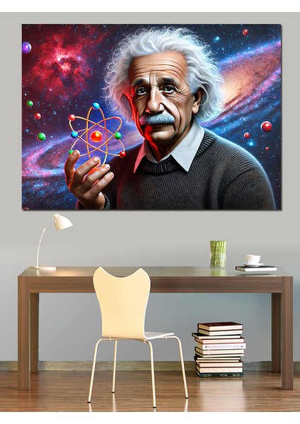 Einstein ve Atom Çizimi Dekoratif Kanvas - Mdf Ahşap Tablo fırsatları