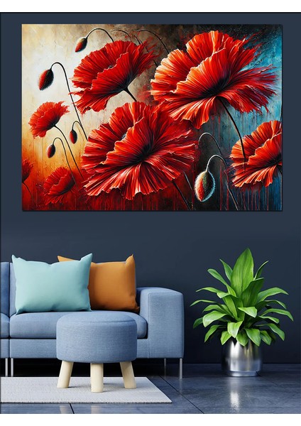 Kırmızı Gelincik Çiçekleri Dekoratif Kanvas - Mdf Ahşap Tablo