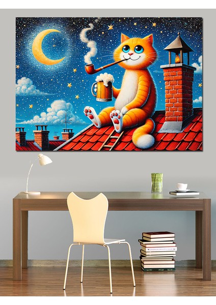 Gece Kedi Keyfi Dekoratif Kanvas - Mdf Ahşap Tablo
