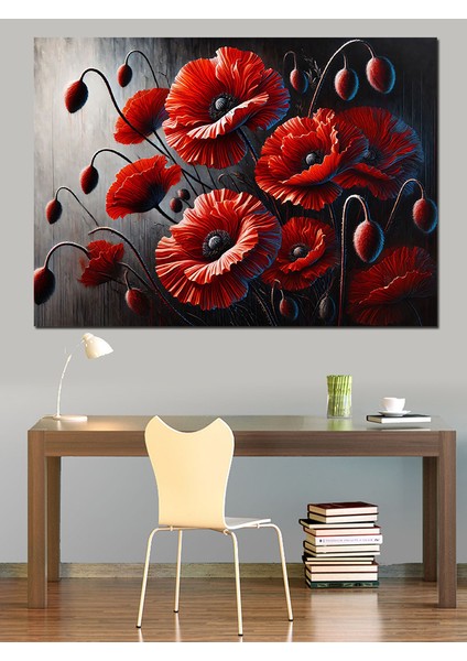 Kırmızı Gelincik Çiçekleri Dekoratif Kanvas - Mdf Ahşap Tablo