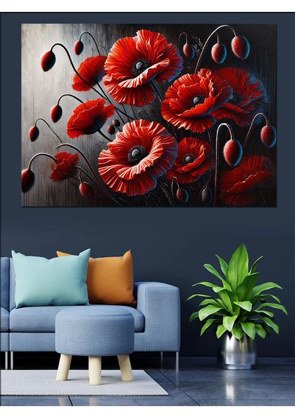 Kırmızı Gelincik Çiçekleri Dekoratif Kanvas - Mdf Ahşap Tablo fırsatları