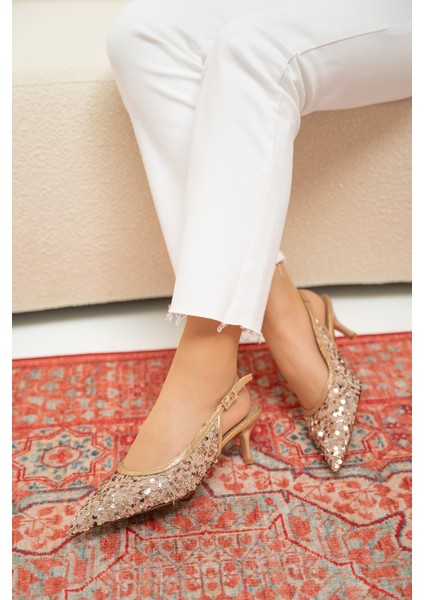 Pulla Bronz Arkası Açık Pul Süslemeli Kadın Topuklu Ayakkabı