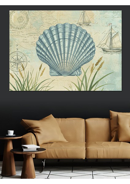 Deniz Kabuğu ve Yelkenli Dekoratif Kanvas - Mdf Ahşap Tablo