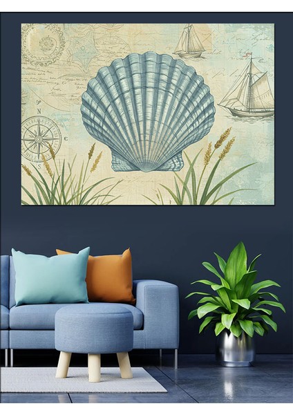 Deniz Kabuğu ve Yelkenli Dekoratif Kanvas - Mdf Ahşap Tablo fiyatları