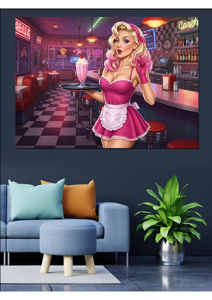 Retro Milkshake Kadını Dekoratif Kanvas - Mdf Ahşap Tablo fırsatları