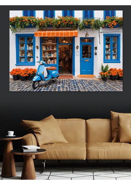 Mavi Panjurlu Taş Ev Dekoratif Kanvas - Mdf Ahşap Tablo fiyatları