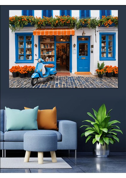 Mavi Panjurlu Taş Ev Dekoratif Kanvas - Mdf Ahşap Tablo modelleri