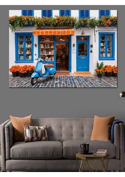 Mavi Panjurlu Taş Ev Dekoratif Kanvas - Mdf Ahşap Tablo fırsatları