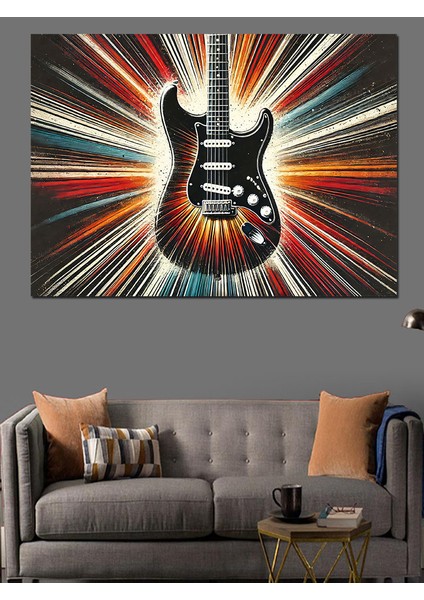 Renkli Elektro Gitar Çizimi Dekoratif Kanvas - Mdf Ahşap Tablo
