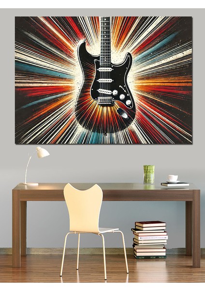 Renkli Elektro Gitar Çizimi Dekoratif Kanvas - Mdf Ahşap Tablo fiyatları