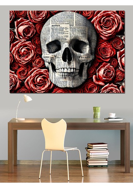 Kafatası ve Güller Dekoratif Kanvas - Mdf Ahşap Tablo