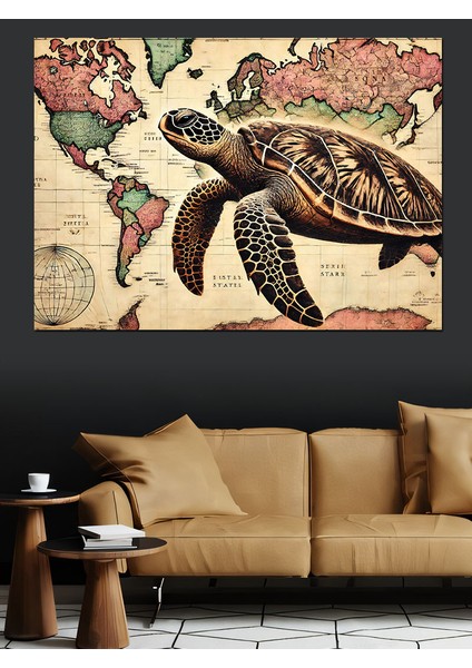 Dünya Haritası ve Deniz Kaplumbağası Dekoratif Kanvas - Mdf Ahşap Tablo