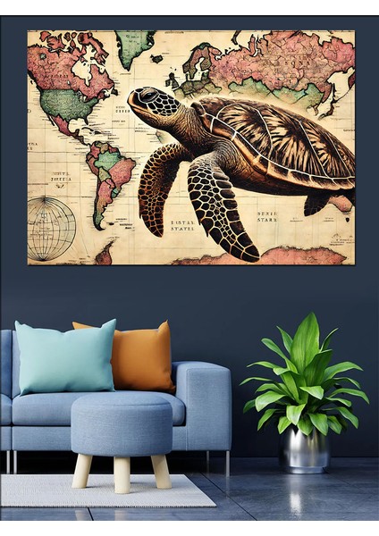 Dünya Haritası ve Deniz Kaplumbağası Dekoratif Kanvas - Mdf Ahşap Tablo fiyatları