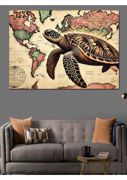 Dünya Haritası ve Deniz Kaplumbağası Dekoratif Kanvas - Mdf Ahşap Tablo modelleri