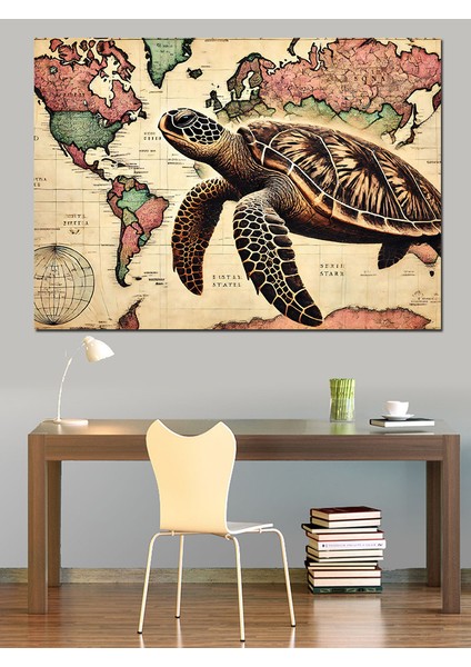 Dünya Haritası ve Deniz Kaplumbağası Dekoratif Kanvas - Mdf Ahşap Tablo fırsatları