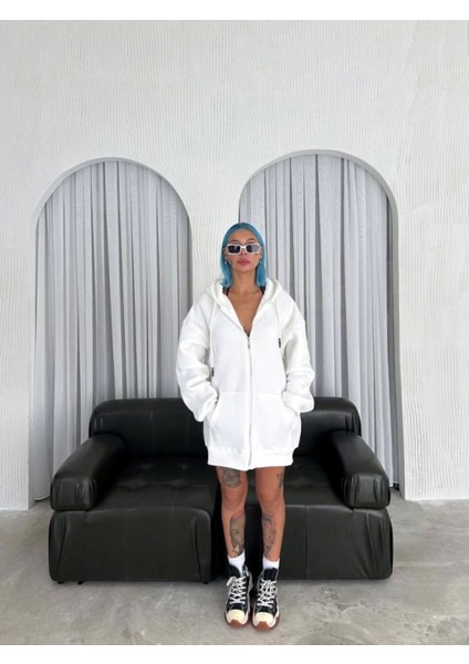 Oversize Tam Fermuarlı Uzun Kol Hırka