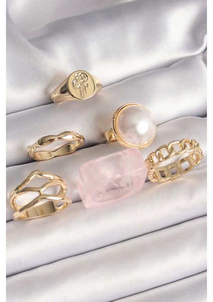 Pirinç Gold Renk Daire 3D Incili Figür Zincir Model Gül Işleme Detaylı 6'lı Kadın Yüzük Seti