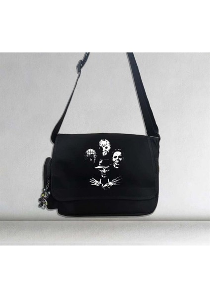 Halloween temalı unisex siyah postacı çantası, şık ve kullanışlı tekstil tasarımı
