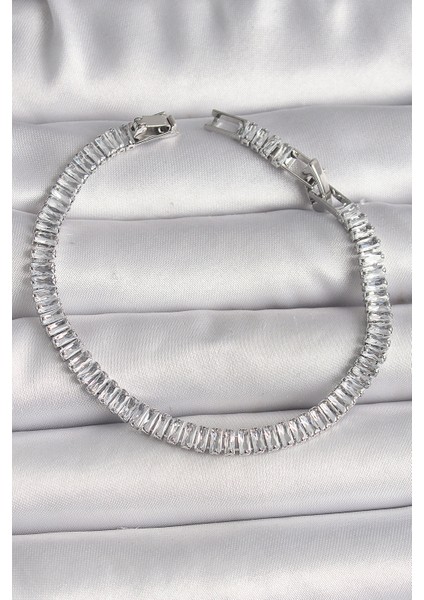 Pirinç Gümüş Renk Zirkon Taşlı Su Yolu Model Kadın Bileklik