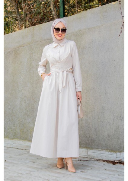 Qua Pamuk Cotton Bağlamalı Elbise-Bej modelleri