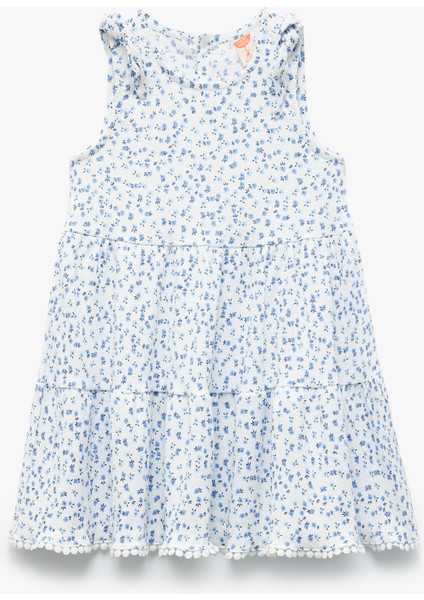 Fırfır Detaylı Çiçekli Bisiklet Yaka Kolsuz Katlı Mini Elbise