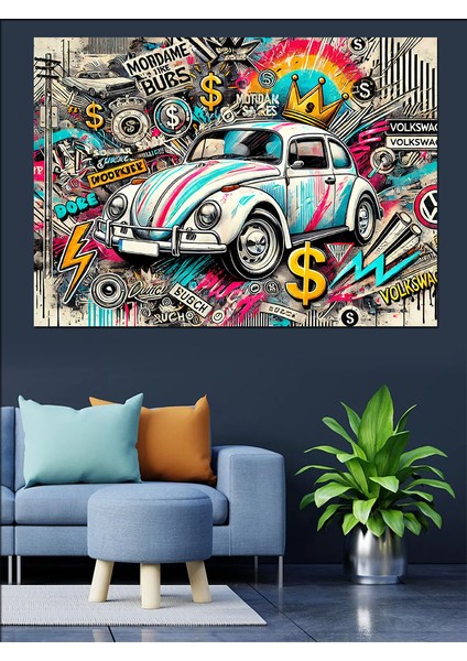 Renkli Vosvos Çizimi Dekoratif Kanvas - Mdf Ahşap Tablo