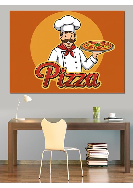 Pizza Şefi Çizimi Dekoratif Kanvas - Mdf Ahşap Tablo