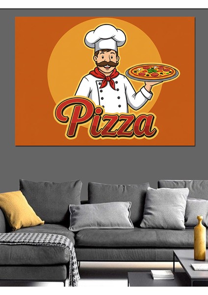 Pizza Şefi Çizimi Dekoratif Kanvas - Mdf Ahşap Tablo fiyatları